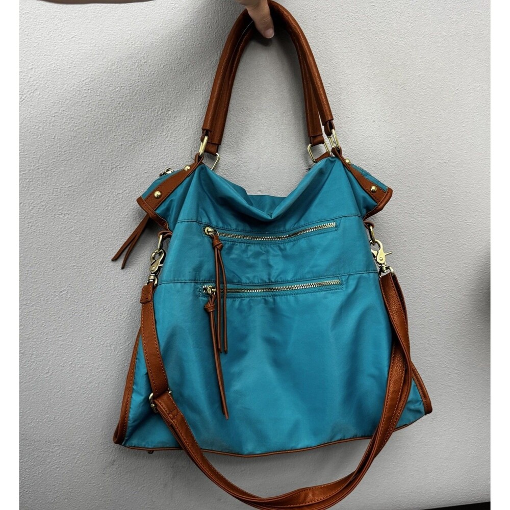 Charming Charlie Turquoise Nylon Convertible Shoulder Bag Tote Striped Lining